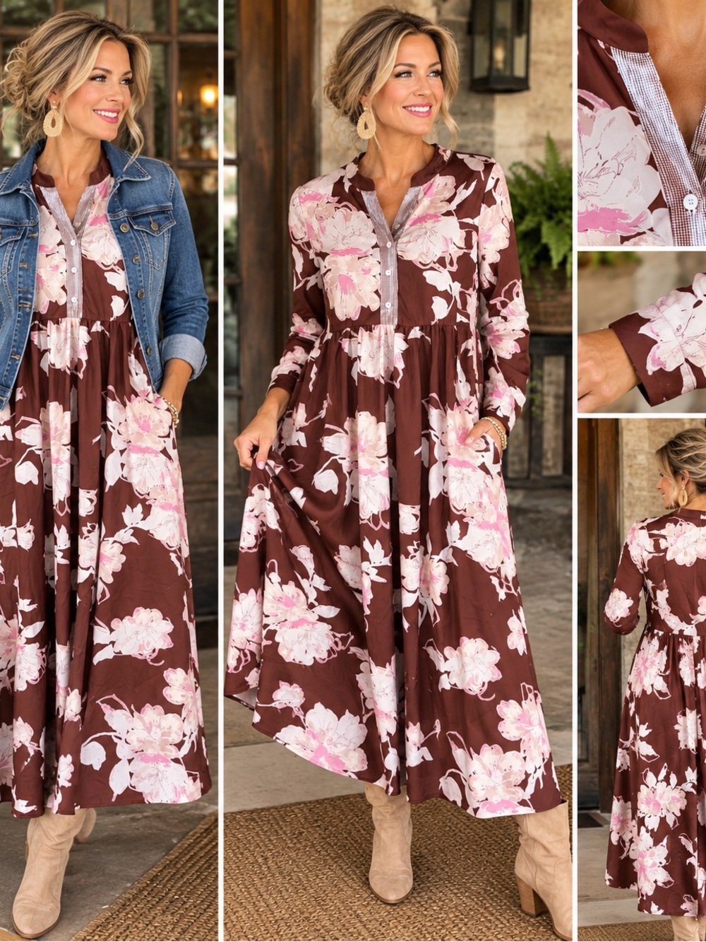 Women's Brown Floral Maxi Dress with Pink Blossoms